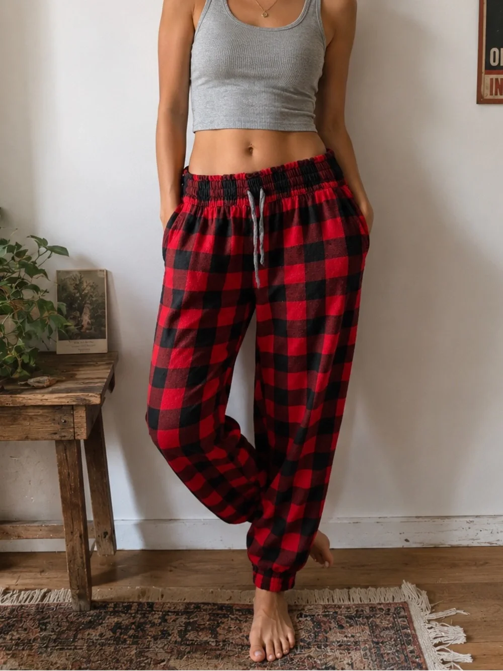 Aerie Red and Black Plaid Flannel Lounge Pants